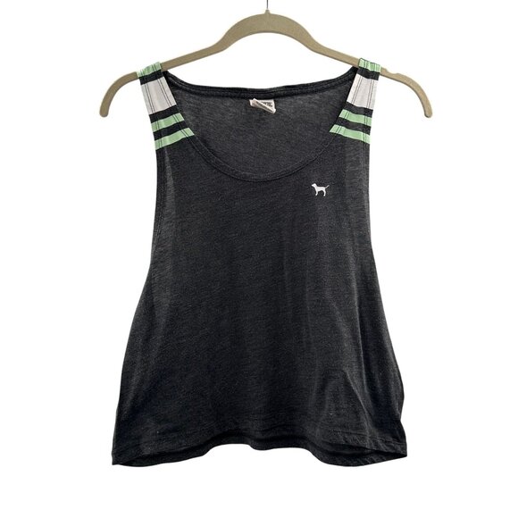 Victorias Secret Pink Racerback Tank Top S Charcoal Gray Striped Shoulder Y2K - Picture 1 of 9